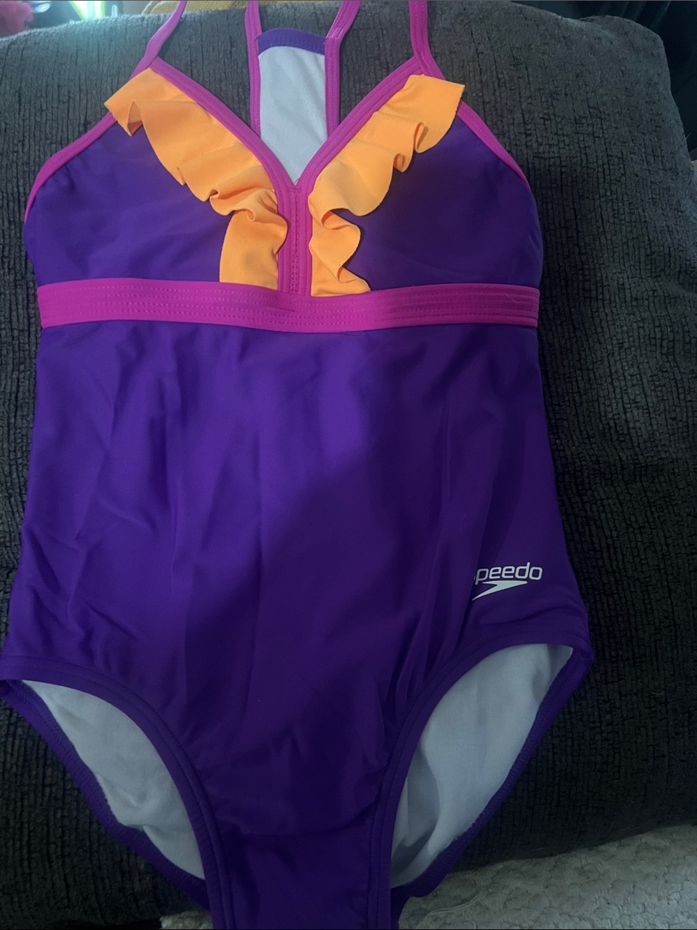 Speedo Purple One-Piece Swimsuit with Pink Trim and Yellow Ruffle